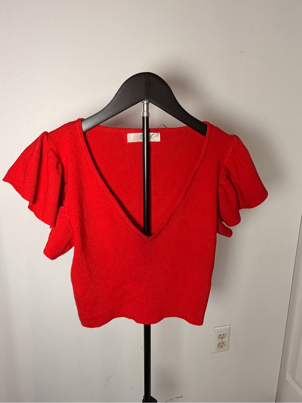 Flutter Sleeve V-Neck Crop Top in Red